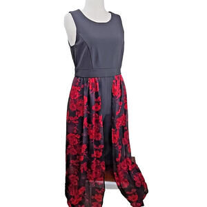 Shelby Nites Skirted Jumpsuit Size 12 Black Red Floral Wide Leg Chiffon
